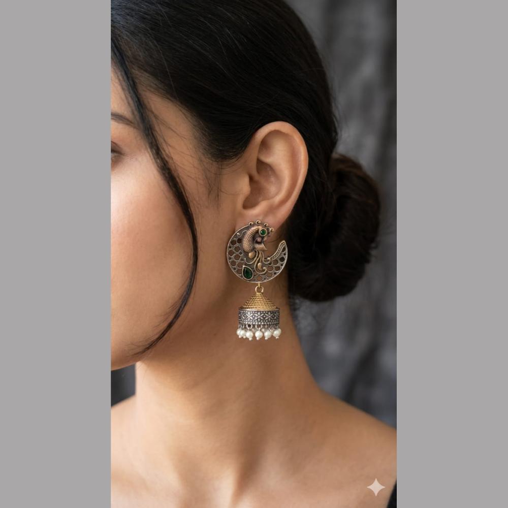 SNERA Dual Tone Pota Stone And Pearl Ethnic Jhumki Earrings for Women