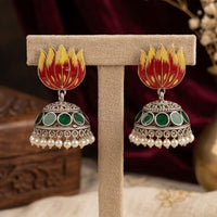SNERA Vintage Oxidised Plated Meenakari Pearl Lotus Jhumki Earrings for Women