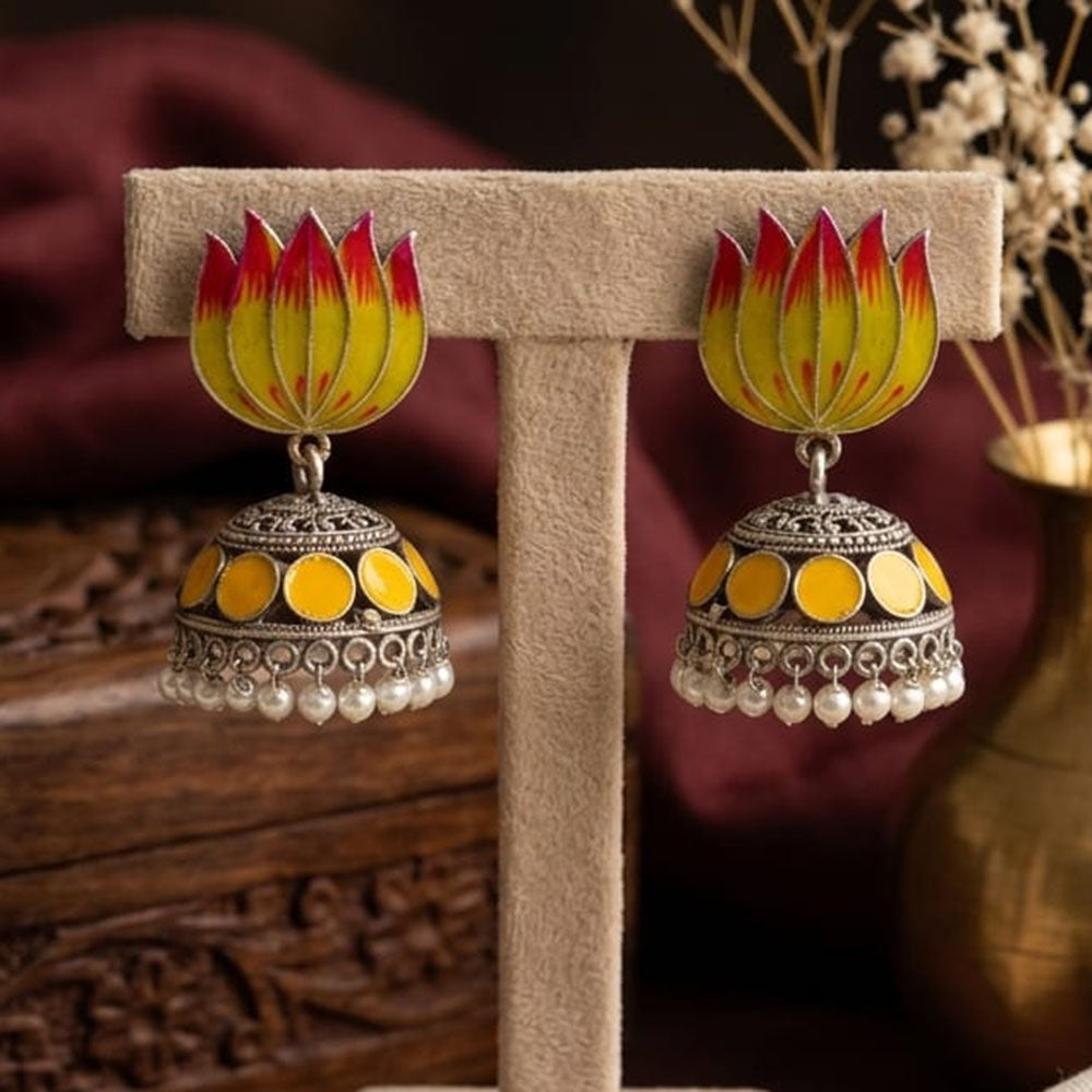 SNERA Vintage Oxidised Plated Meenakari Pearl Lotus Jhumki Earrings for Women