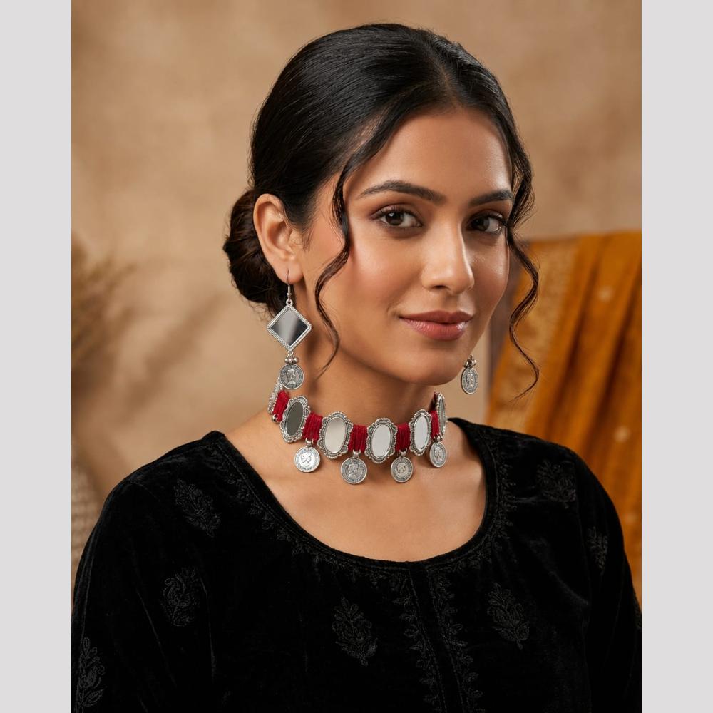 SNERA Mirror Embellished Ethnic Choker Necklace Set