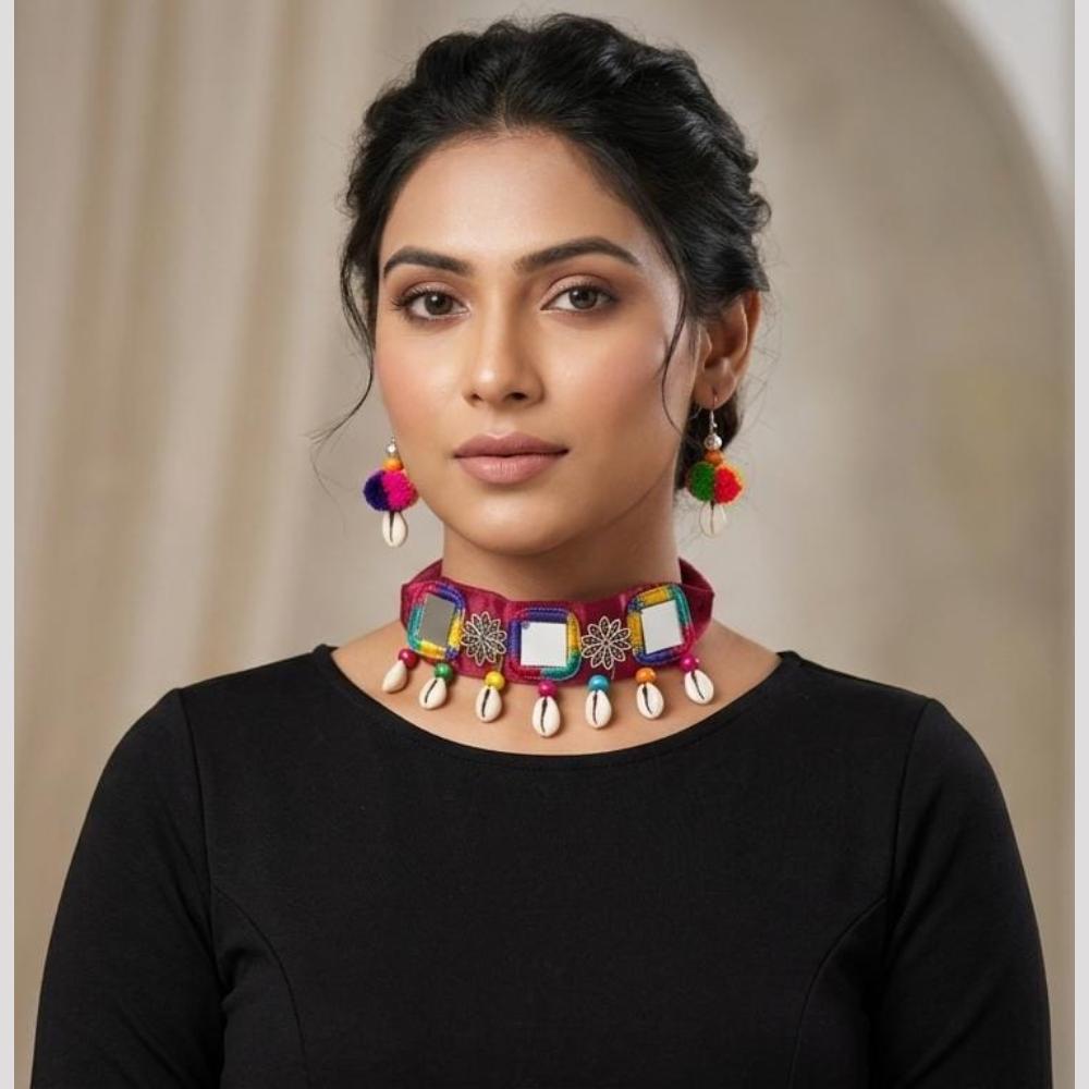 SNERA Mirror And Shell Embellished Ethnic Choker Necklace Set