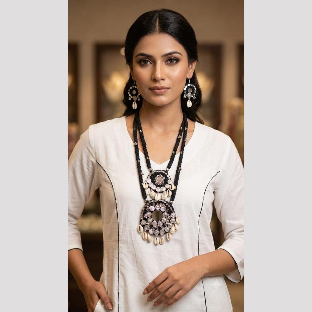 SNERA Mirror And Shell Embellished Ethnic Double Necklace Set
