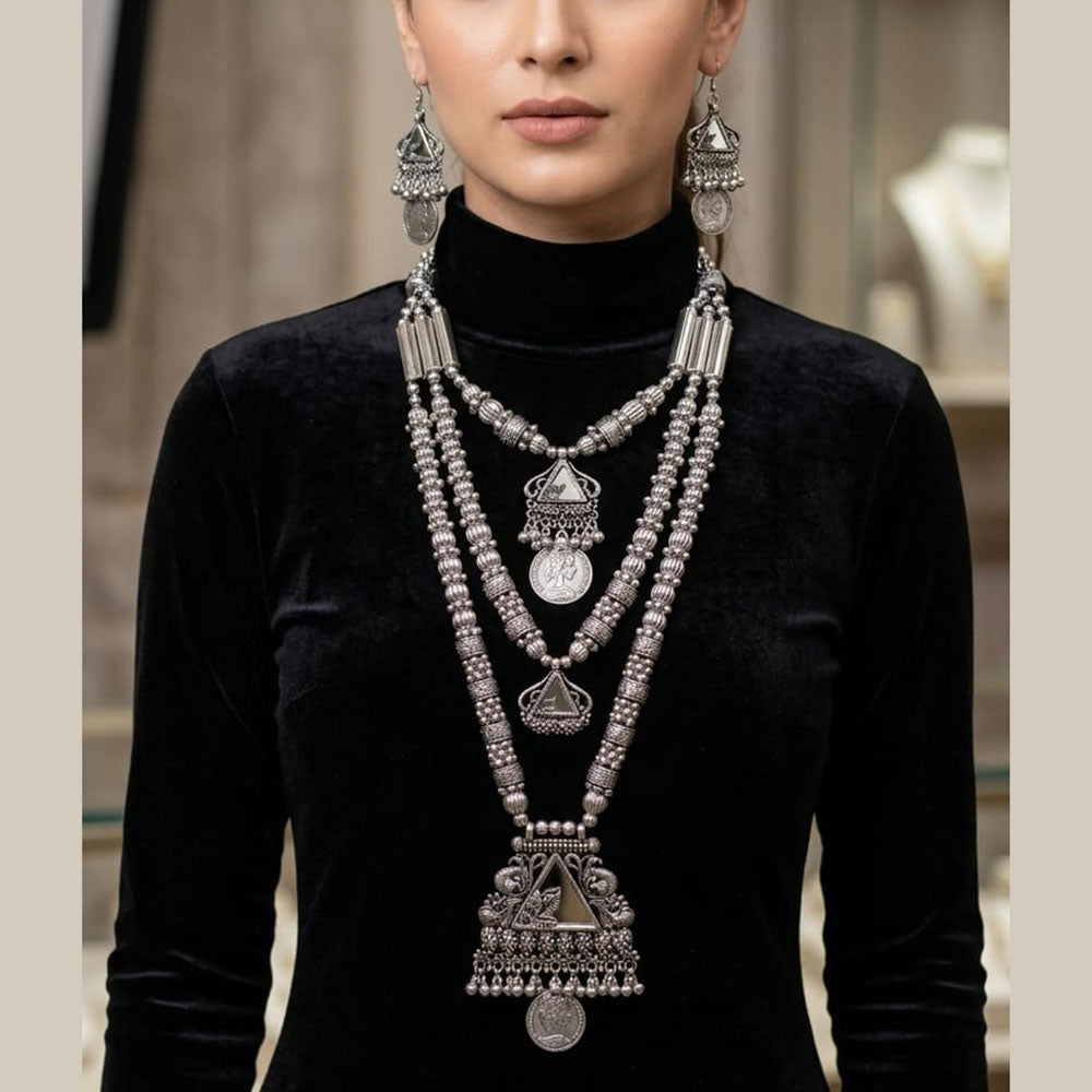 SNERA Stylish Oxidised Plated Mirror Long Necklace Set 
