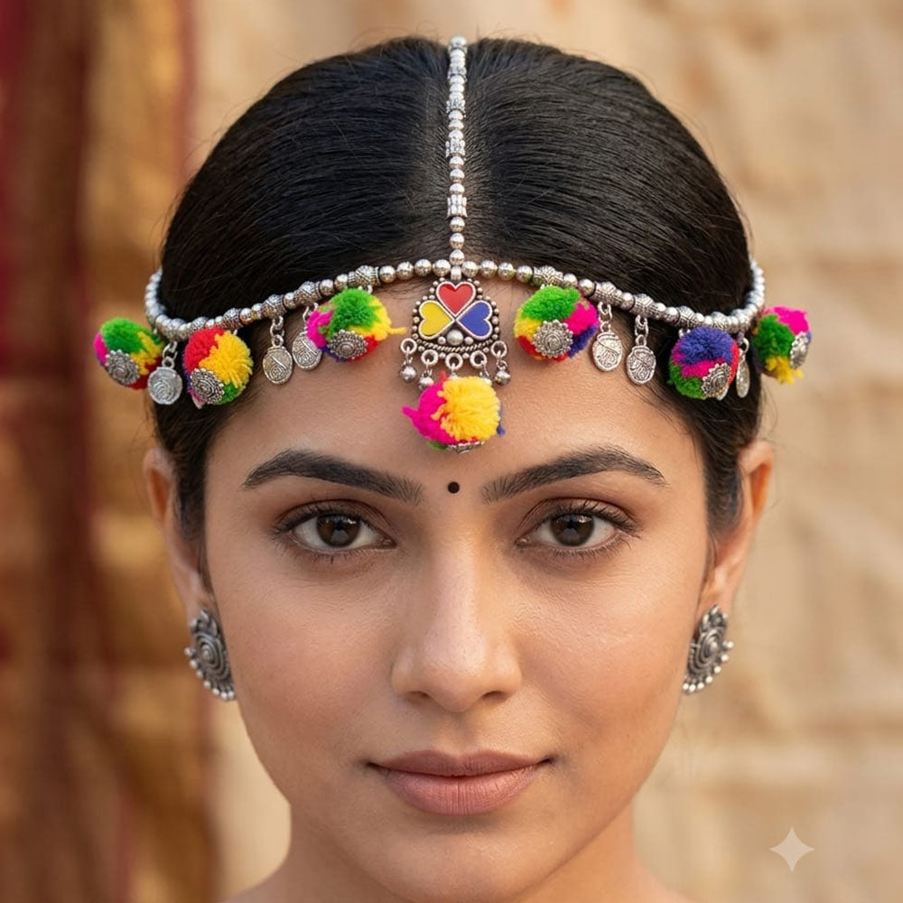 SNERA Oxidised Plated Pom-Pom Detailing Damini Maangtikka