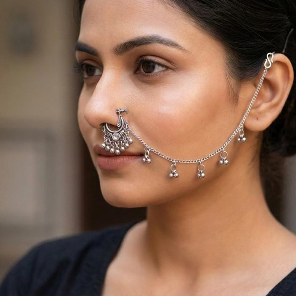 SNERA Oxidised Plated Pota Stone Pearl Chain Nose Ring