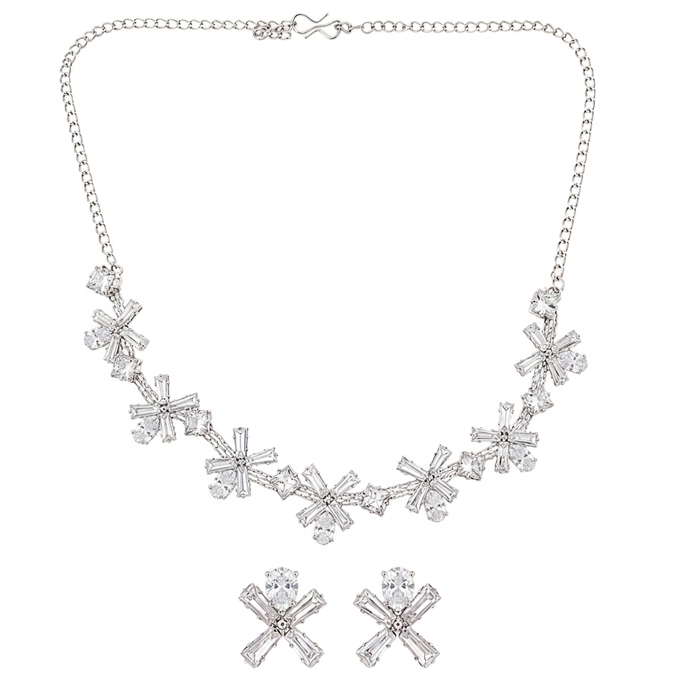 Urthn Silver Plated Sparkling Crystal Stone Necklace Set(Pack of 3)