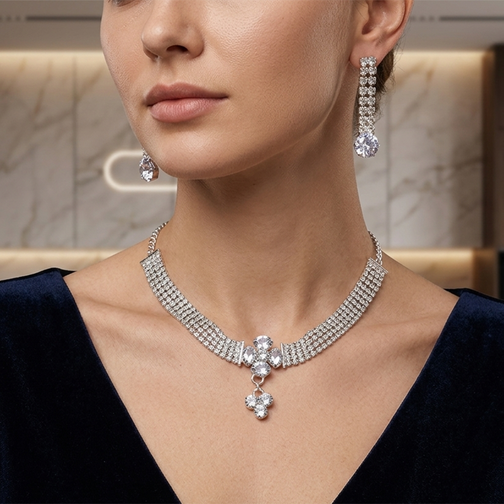 Urthn Silver Plated Sparkling Crystal Stone Necklace Set(Pack of 6)