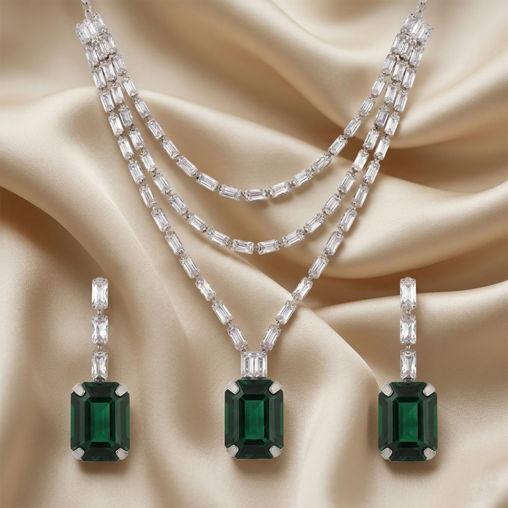 Urthn Silver Plated Sparkling Crystal Stone Necklace Set(Pack of 3)