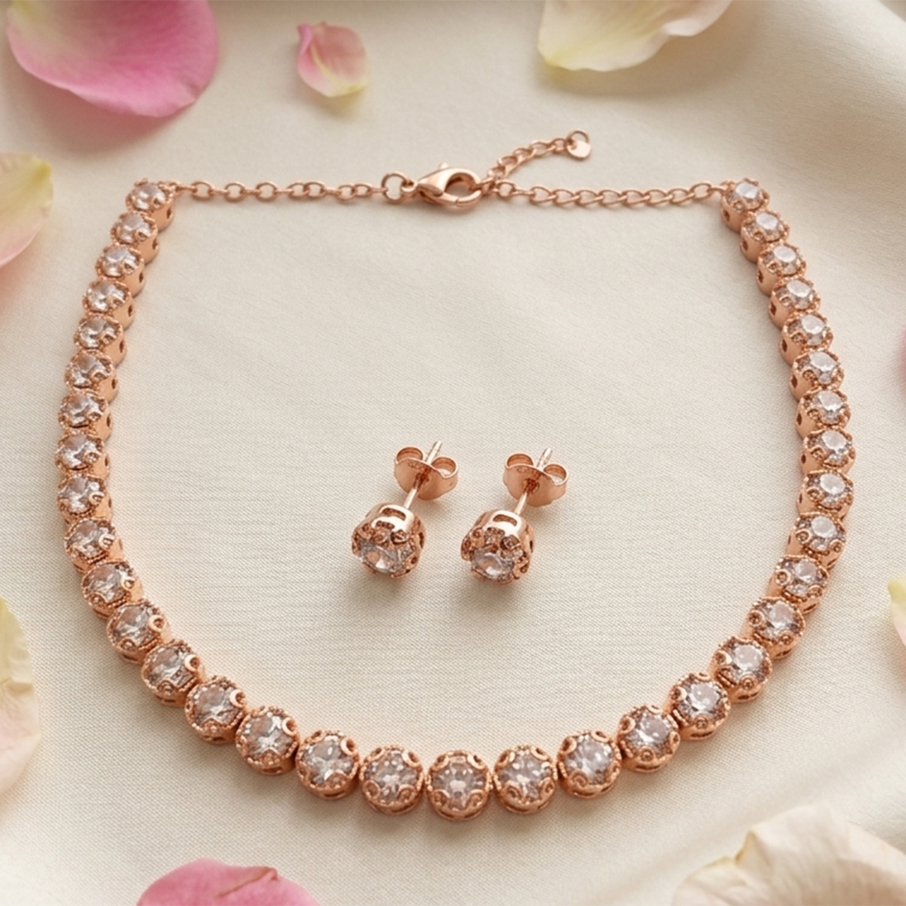 Urthn Rose Gold Plated Sparkling Crystal Stone Necklace Set