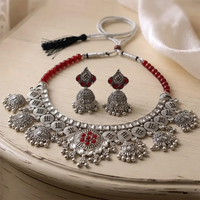 Urthn Oxidised Silver Choker Necklace Set with Red Beads & Jhumka Earrings(Pack of 3)