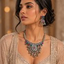 Urthn Oxidised Silver Choker Necklace Set with Pink & Green Beads & Jhumka Earrings(Pack of 3)