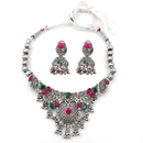 Urthn Oxidised Silver Choker Necklace Set with Pink & Green Beads & Jhumka Earrings(Pack of 3)