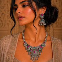 Urthn Oxidised Silver Choker Necklace Set with Pink & Green Beads & Jhumka Earrings(Pack of 3)