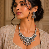 Urthn Oxidised Silver Choker Necklace Set with Mirror Work Beads & Jhumka Earrings(Pack of 3)
