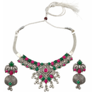 Urthn Oxidised Silver Choker Necklace Set with Pink & Green Beads & Jhumka Earrings(Pack of 3)