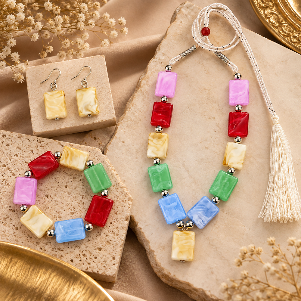 Urthn Multicolour Beaded Necklace Set with Matching Bracelet & Earrings for Girls & Kids