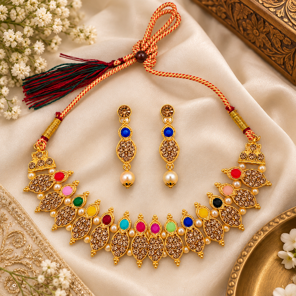 Urthn Gold Plated Pearl & Crystal Necklace Set for Women Traditional Jewellery 