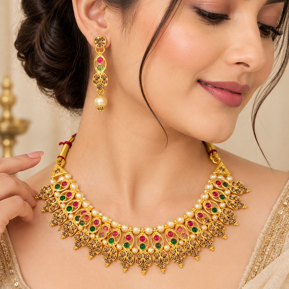 Urthn Gold Plated Pearl & Crystal Necklace Set for Women Traditional Jewellery (pack Of 3)
