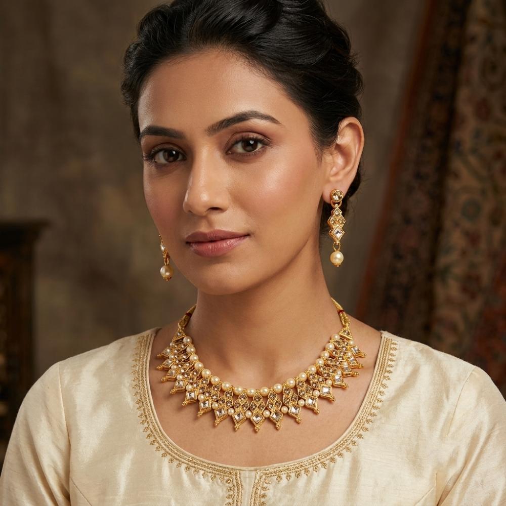 Darshana Jewels Elegant Pota Stone Austrian Stone & Pearl Necklace Set for Women (Pack of 3)