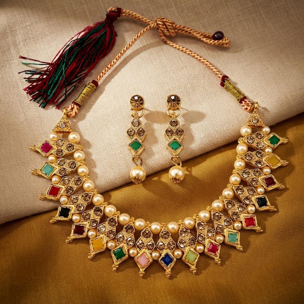 Darshana Jewels Elegant Pota Stone Austrian Stone & Pearl Necklace Set for Women 