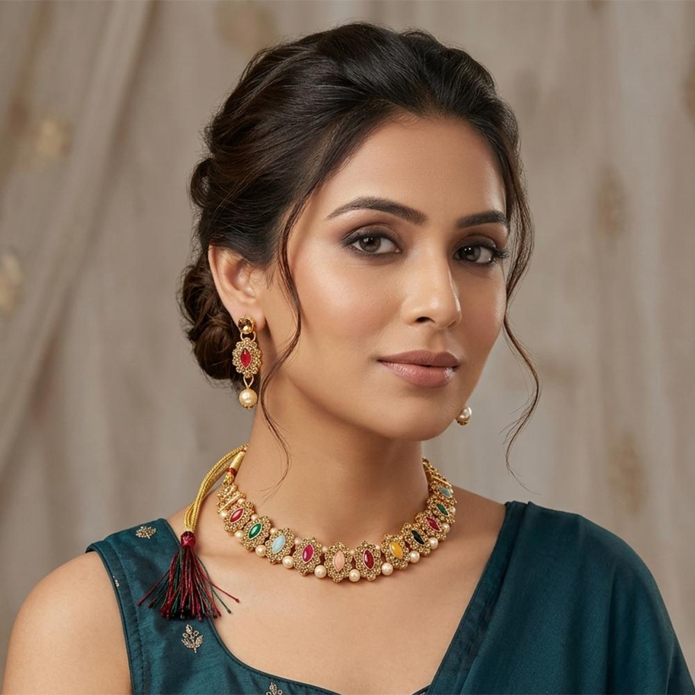 Darshana Jewels Designer Austrian Stone Pota Stone & Pearl Necklace Set for Women(Pack of 3)