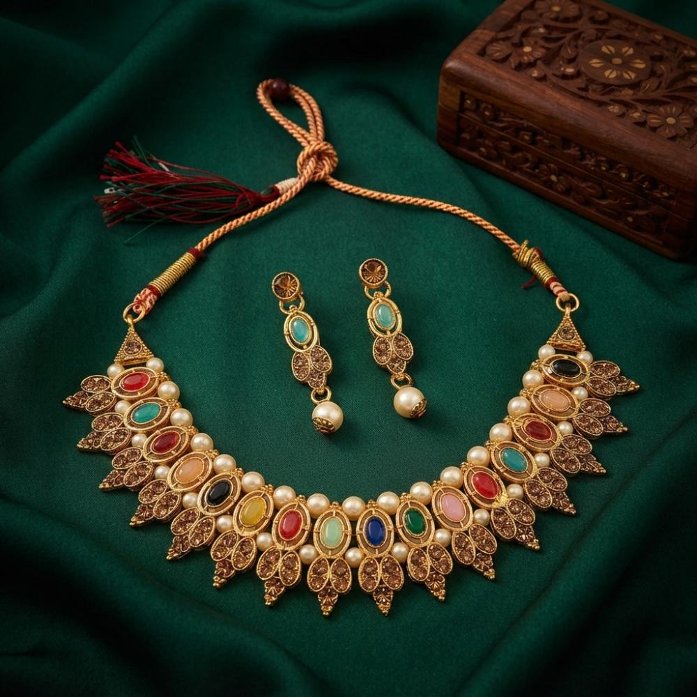 Darshana Jewels Designer Austrian Stone Pota Stone & Pearl Necklace Set for Women