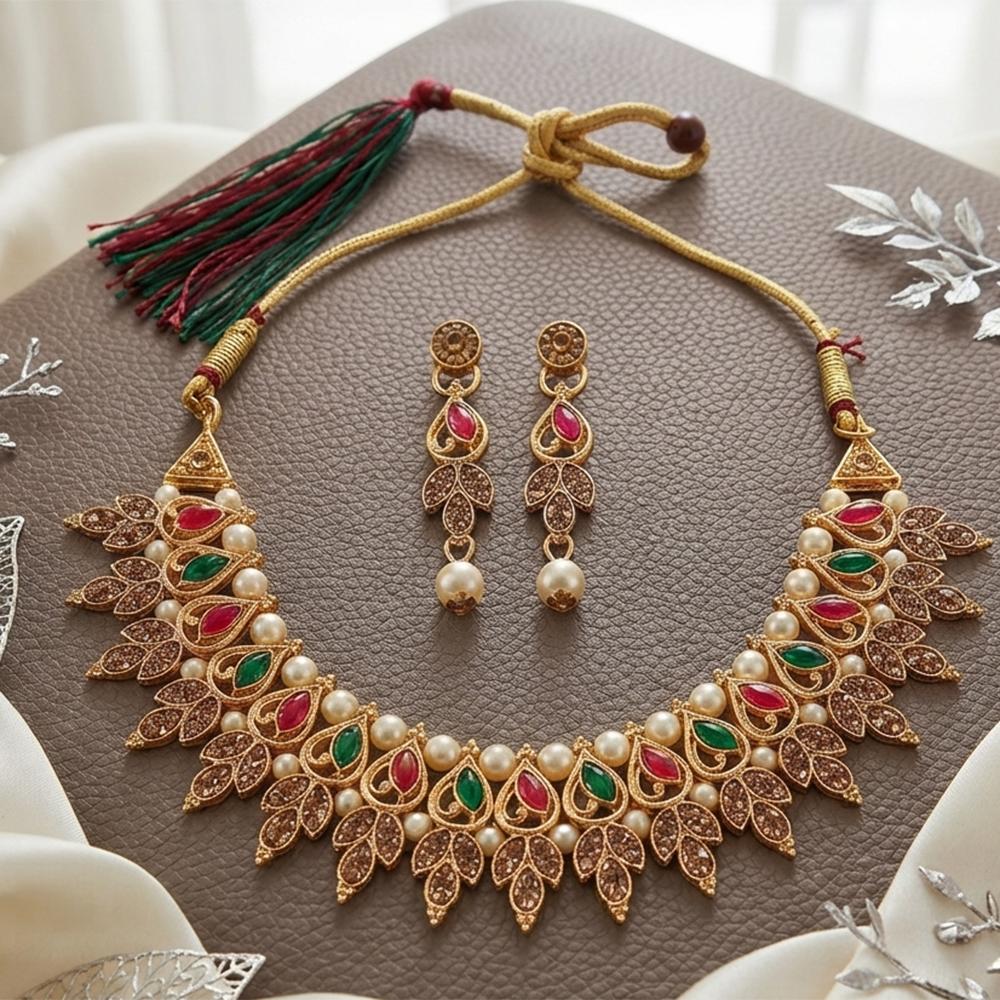 Darshana Jewels Traditional Pota Stone Austrian Stone & Pearl Necklace Set for Women (Pack of 3)