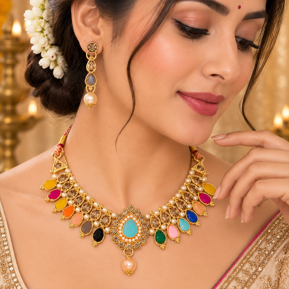 Urthn Gold Plated Pearl & Crystal Necklace Set for Women Traditional Jewellery (Pack of 6)