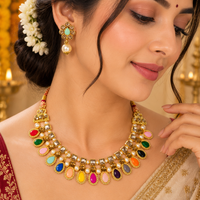 Urthn Gold Plated Pearl & Crystal Necklace Set for Women Traditional Jewellery (Pack of 6)