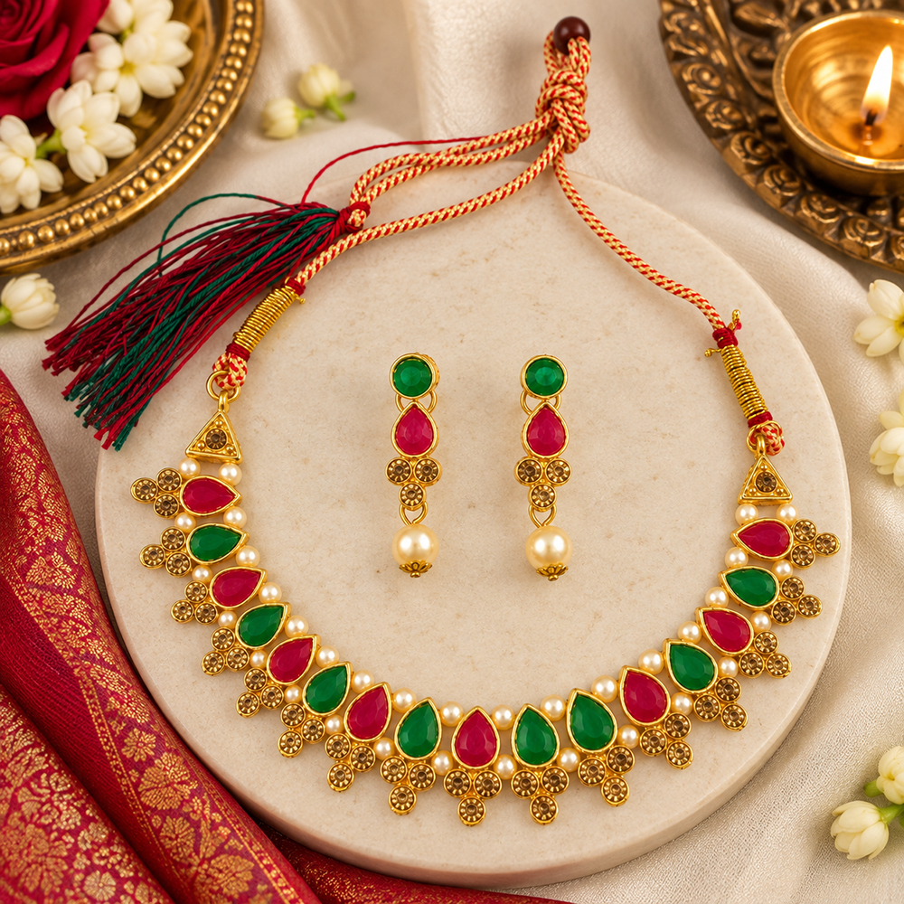 Urthn Gold Plated Pearl & Crystal Necklace Set for Women Traditional Jewellery (Pack of 6)