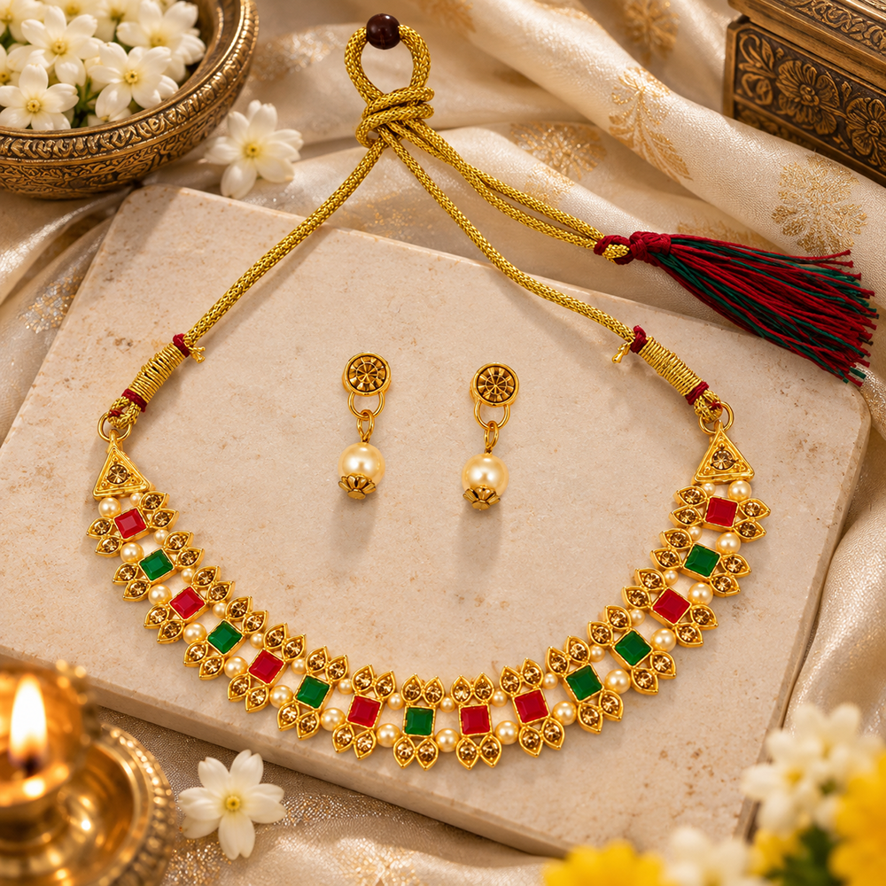 Urthn Gold Plated Pearl & Crystal Necklace Set for Women Traditional Jewellery 