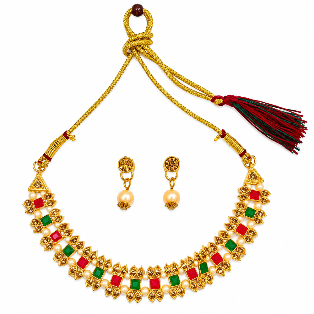 Urthn Gold Plated Pearl & Crystal Necklace Set for Women Traditional Jewellery (Pack of 6)