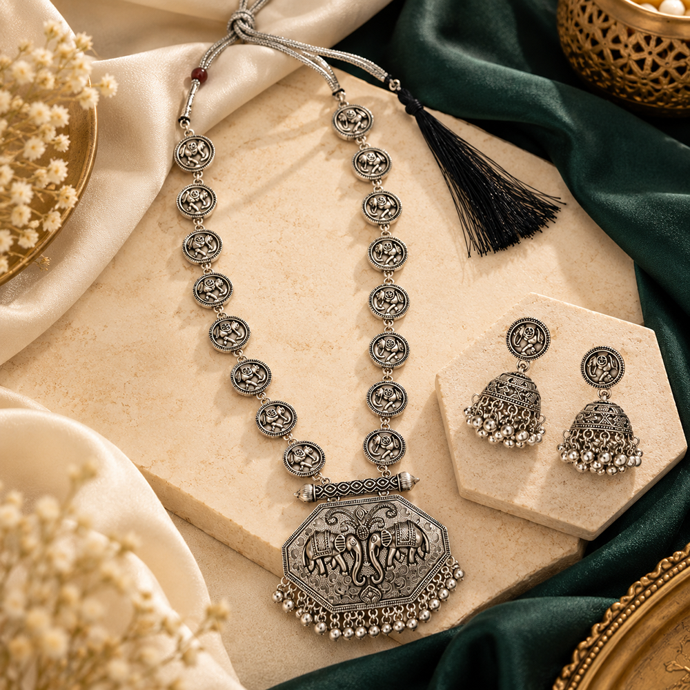 Urthn Oxidised Plated Pearl Long Necklace Designer Jewellery Set