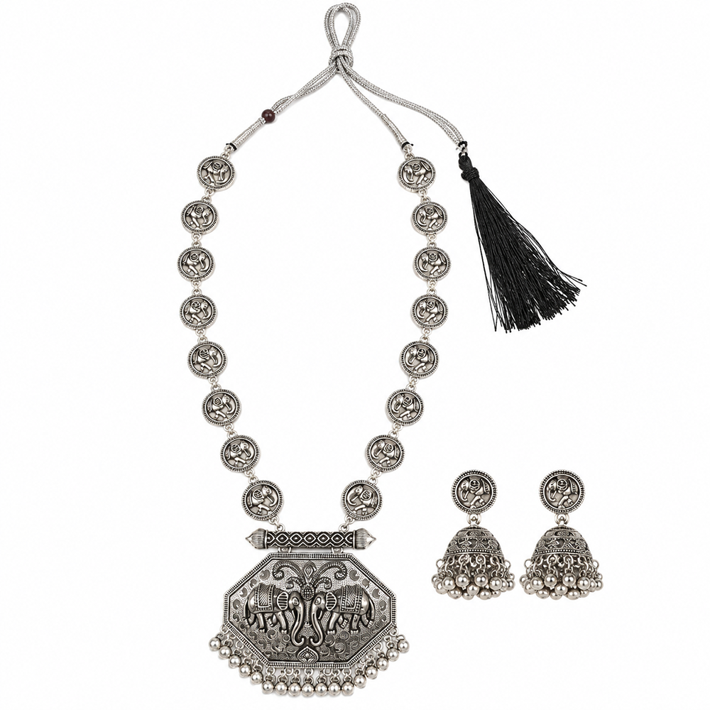 Urthn Oxidised Plated Pearl Long Necklace Designer Jewellery Set