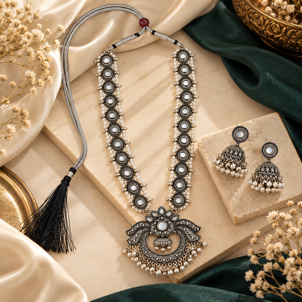 Urthn Oxidised Plated Mirror And Pearl Long Necklace Designer Jewellery Set