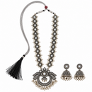 Urthn Oxidised Plated Mirror And Pearl Long Necklace Designer Jewellery Set