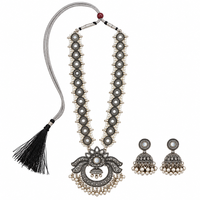 Urthn Oxidised Plated Mirror And Pearl Long Necklace Designer Jewellery Set