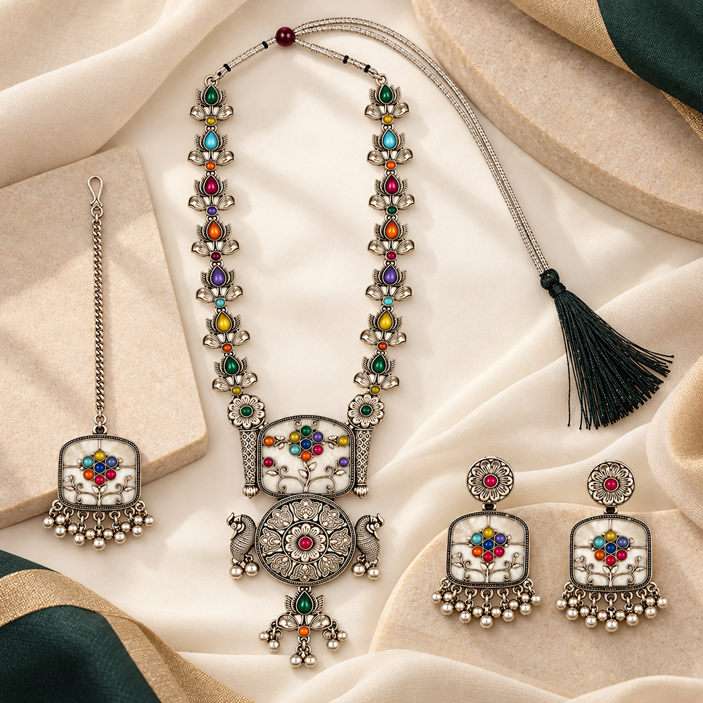 Urthn Oxidised Plated Pota Stone And Pearl Long Necklace Designer Jewellery Set