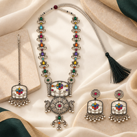 Urthn Oxidised Plated Pota Stone And Pearl Long Necklace Designer Jewellery Set