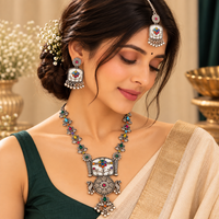 Urthn Oxidised Plated Pota Stone And Pearl Long Necklace Designer Jewellery Set