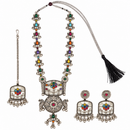Urthn Oxidised Plated Pota Stone And Pearl Long Necklace Designer Jewellery Set