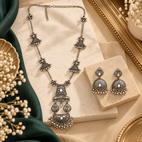 Urthn Oxidised Plated Mirror And Pearl Long Necklace Designer Jewellery Set