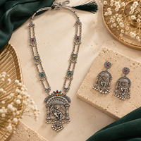 Urthn Oxidised Plated Pota Stone And Pearl Long Necklace Designer Jewellery Set