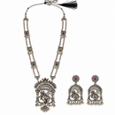 Urthn Oxidised Plated Pota Stone And Pearl Long Necklace Designer Jewellery Set