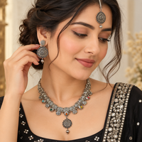 Urthn Oxidised Plated Pota Stone Traditional Jewellery Set