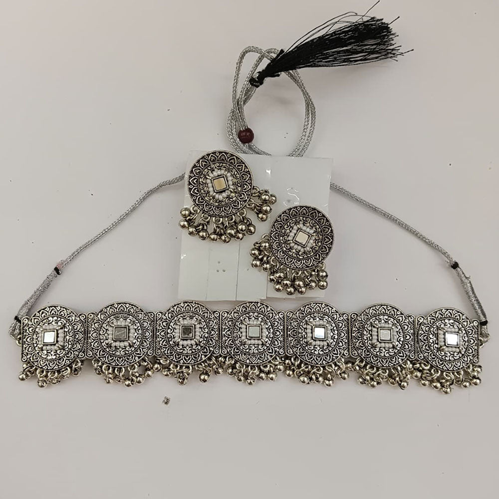 Urthn Oxidised Plated Traditional Mirror Choker Necklace Jewellery Set