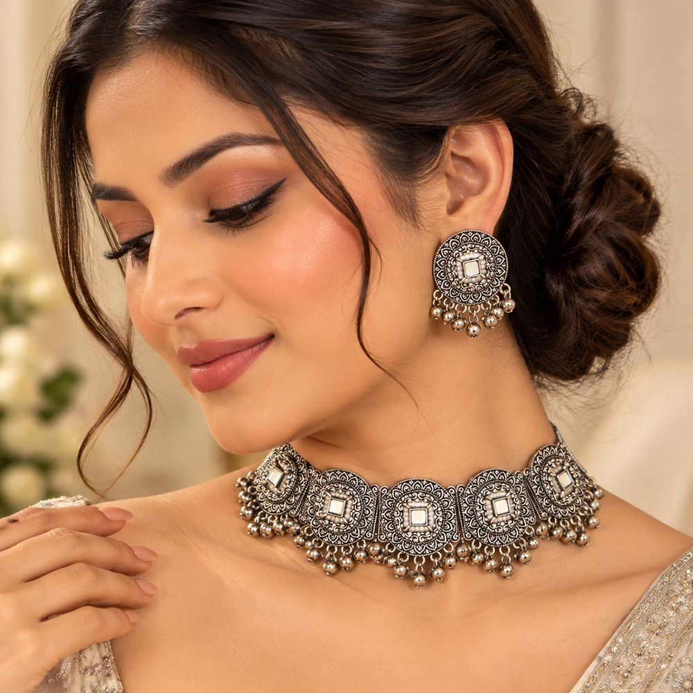 Urthn Oxidised Plated Traditional Mirror Choker Necklace Jewellery Set
