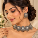 Urthn Oxidised Plated Traditional Mirror Choker Necklace Jewellery Set