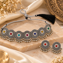 Urthn Oxidised Plated Pota Stone Traditional Choker Jewellery Set