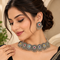 Urthn Oxidised Plated Pota Stone Traditional Choker Jewellery Set